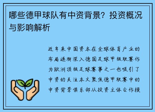 哪些德甲球队有中资背景？投资概况与影响解析